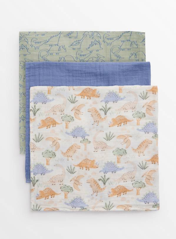 Dinosaur Print Muslin Cloths 3 Pack One Size